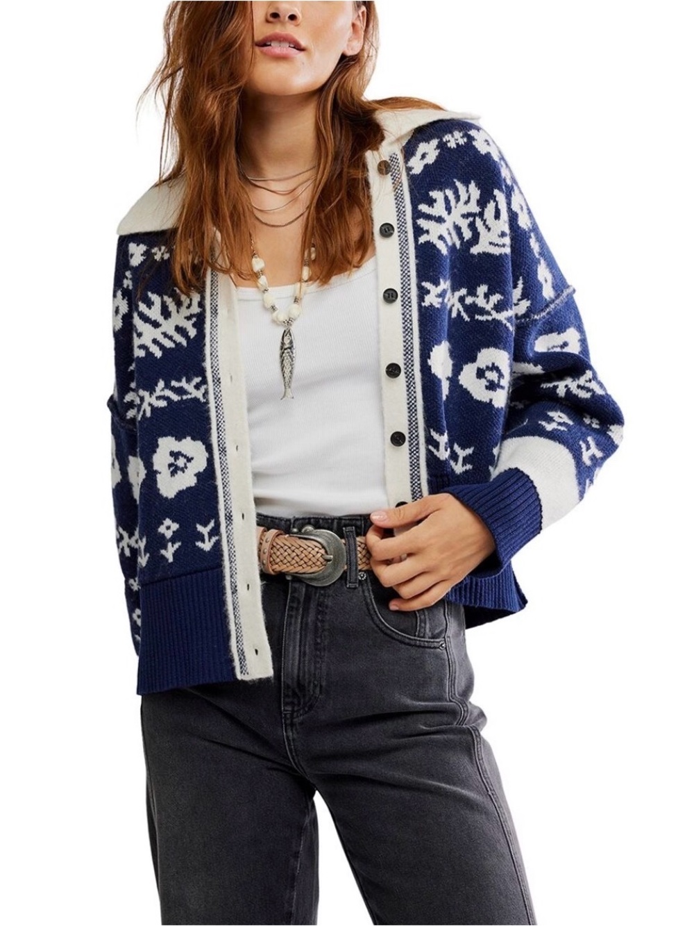 Free people Shelby floral jacquard cardigan in navy small EUC